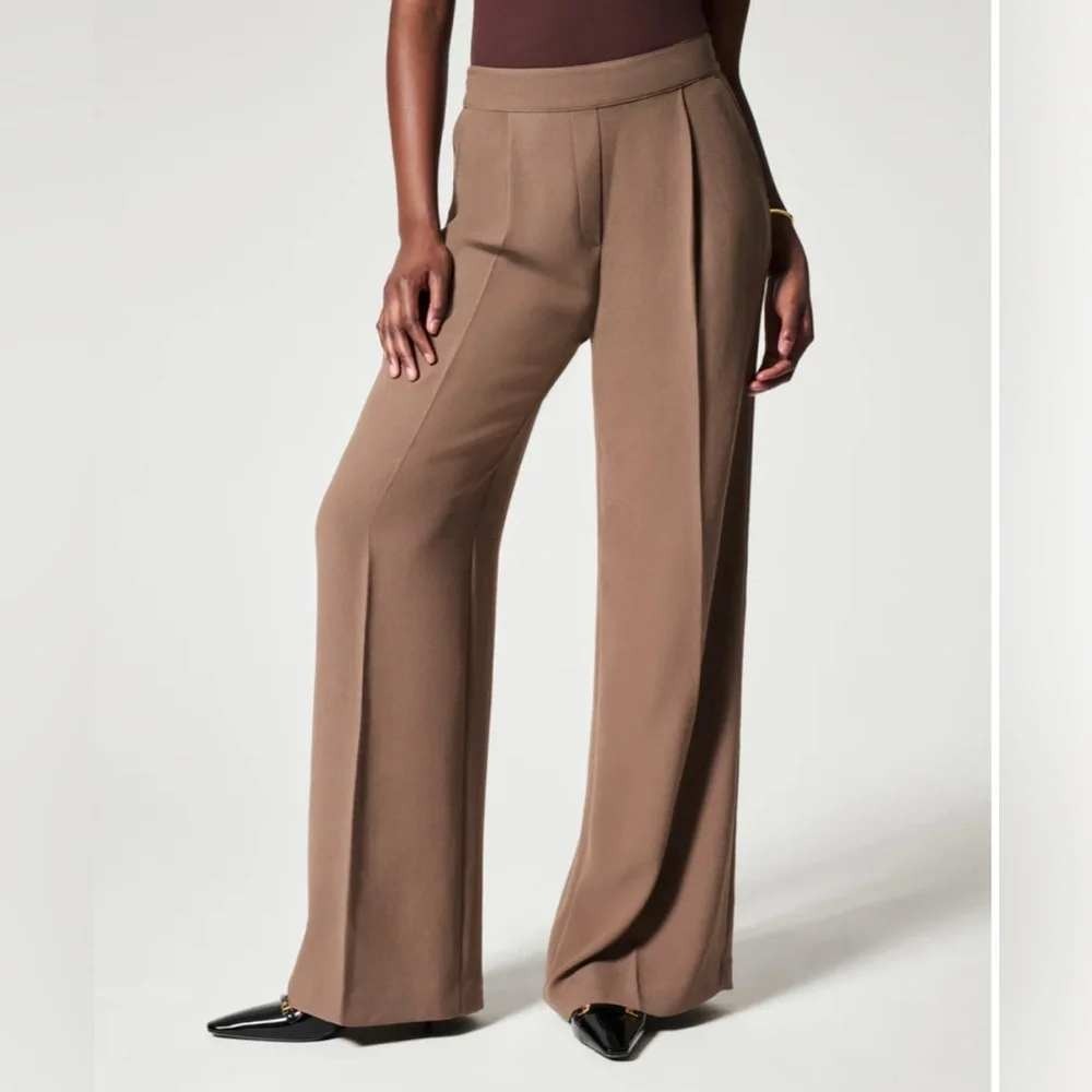 Spanx Carefree Crepe Pleated Wide Leg Trousers Brown Workwear Office Size 1X